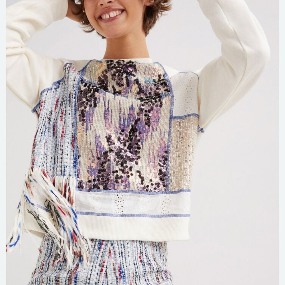 Desigual Cream and Purple Sequin tweed eyelet Sweater small $160 msrp